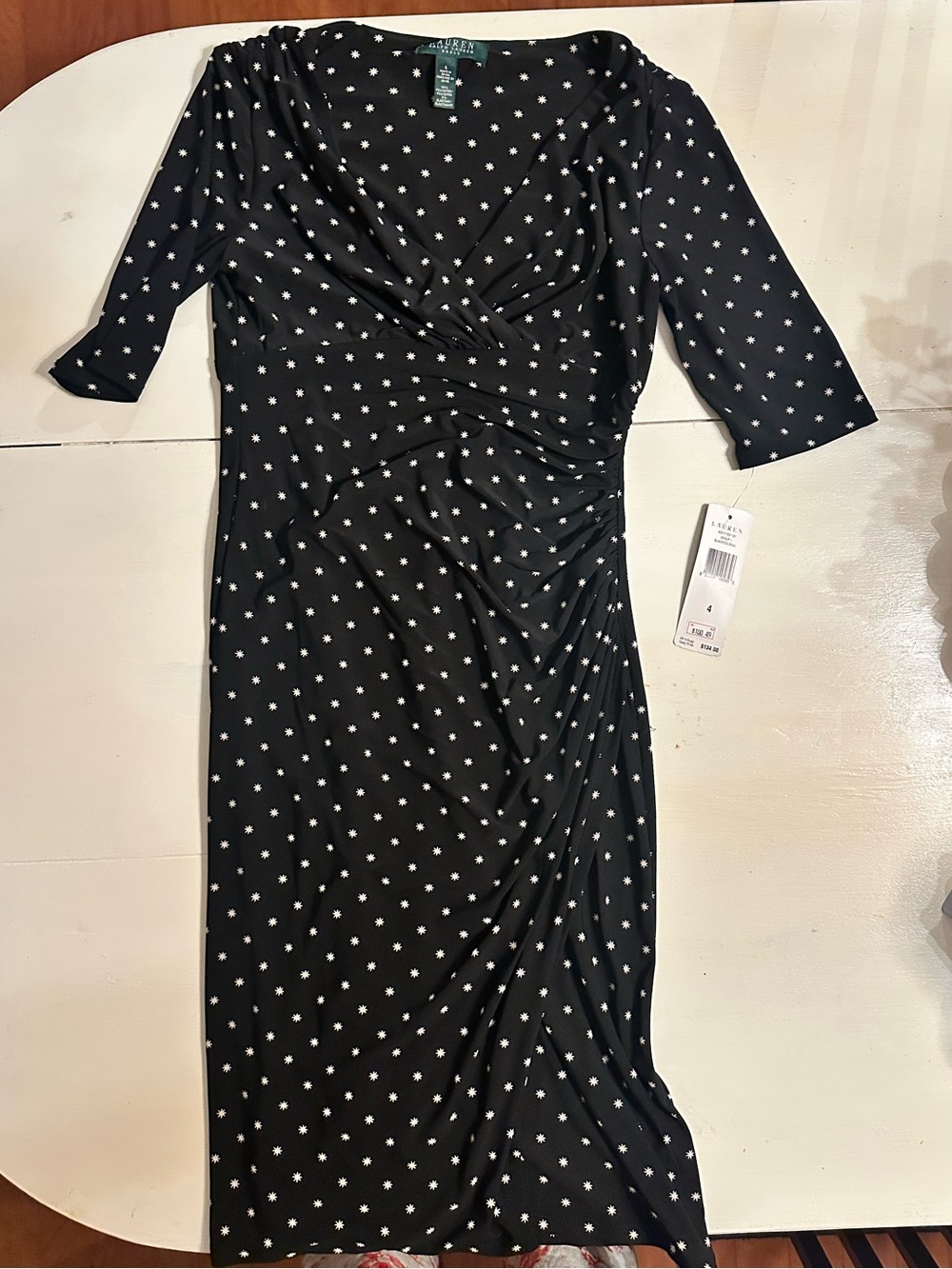 Lauren Ralph Lauren Black Polka Dot Ruched Midi Dress